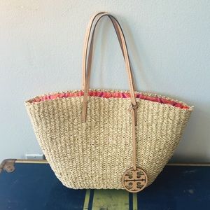 Tory Burch Large Straw Shoulder Tote with Drawstring Lining